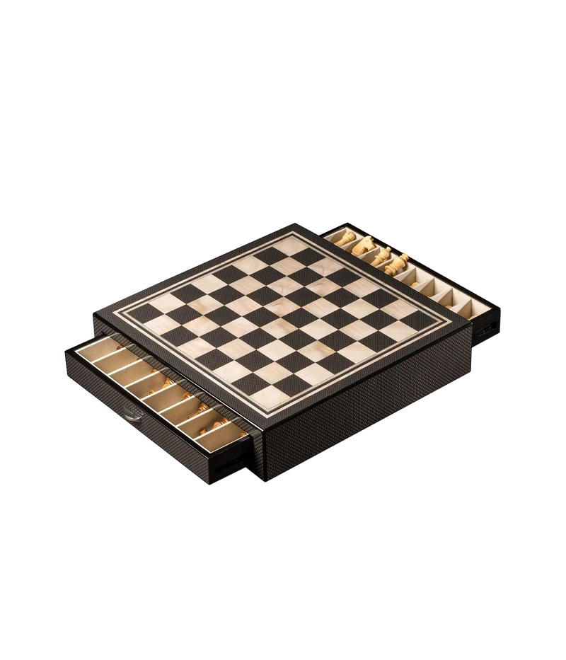 Large Chess Set in Carbon Fiber and Mother of Pearl