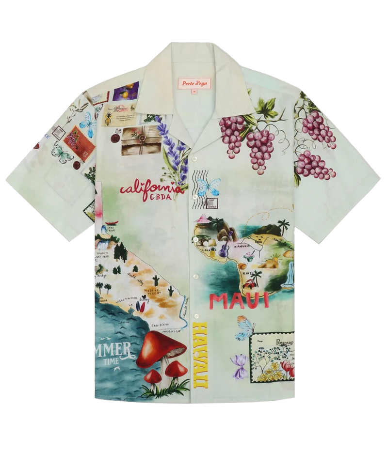Perte D’ego Le Vacation Shirt with a Cuban collar, short sleeves, and a relaxed fit, crafted from a lightweight cotton-linen blend. Features a unique, vintage-inspired all-over print with Mother of Pearl buttons, designed for effortless summer styling.
