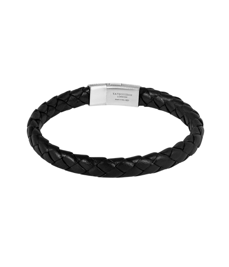 D-shaped cobra clasp bracelet with 3D Giza pattern, sterling silver with rhodium plating, and black braided leather. Available in medium, and large.