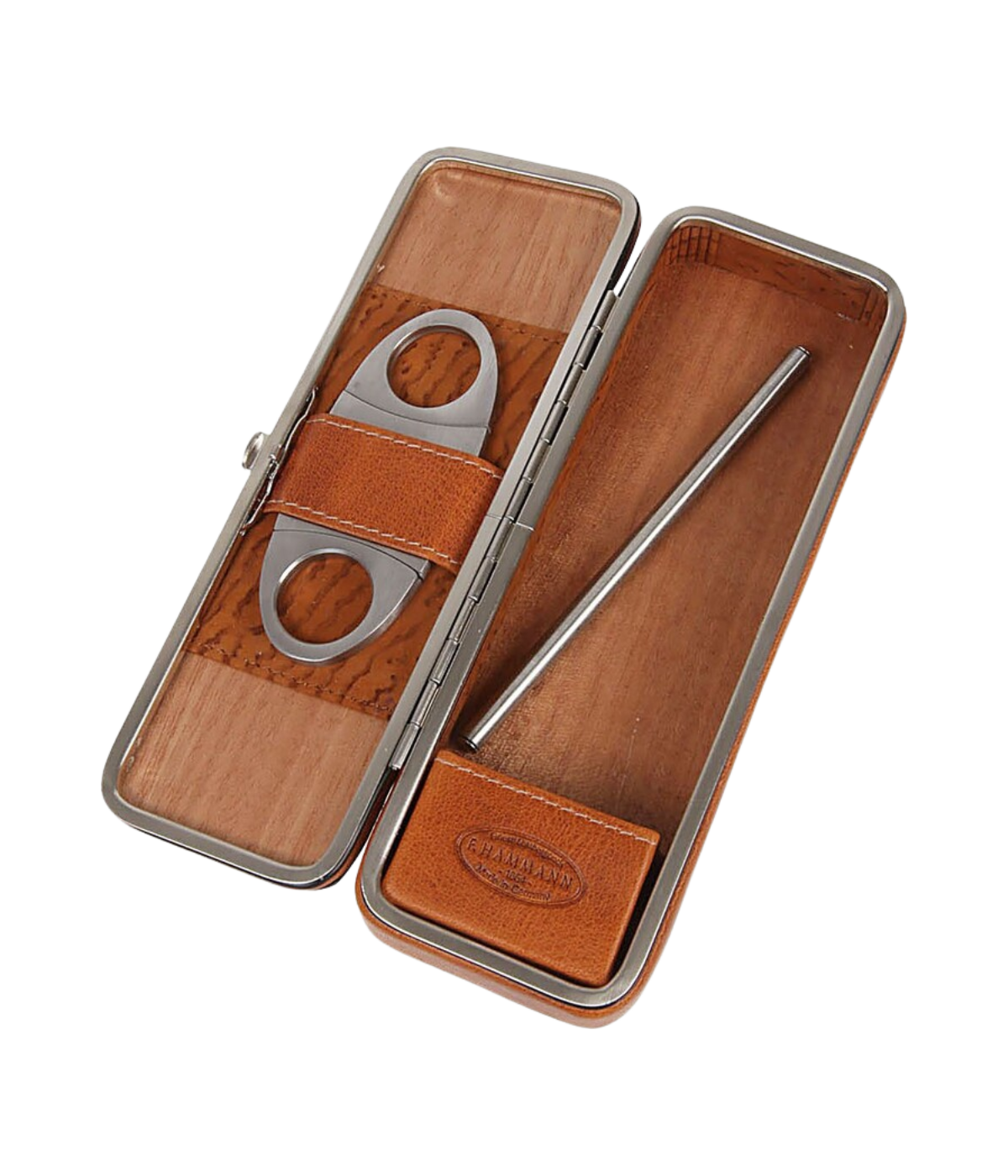F. Hammann cigar case in vegetable-tanned Alpina bullhide leather with cedar wood interior, metal frame closure, cutter, and humidifier.