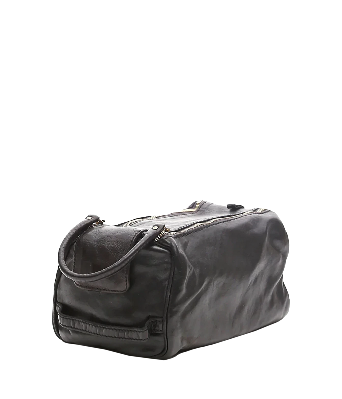 Angled end view of Campomaggi Leather Toiletries Bag in Black