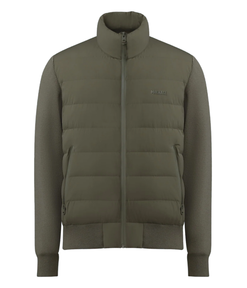 Mackage Haney Jacket in Light Military flat lay shot displaying lightweight down fill and cardigan-inspired design