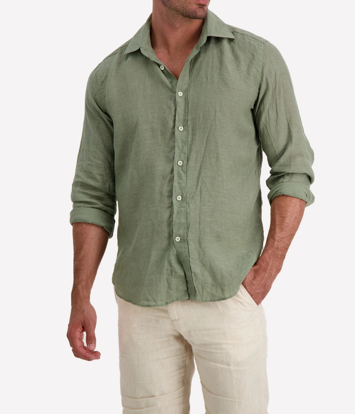 Linen Long Sleeve Shirt in Khaki