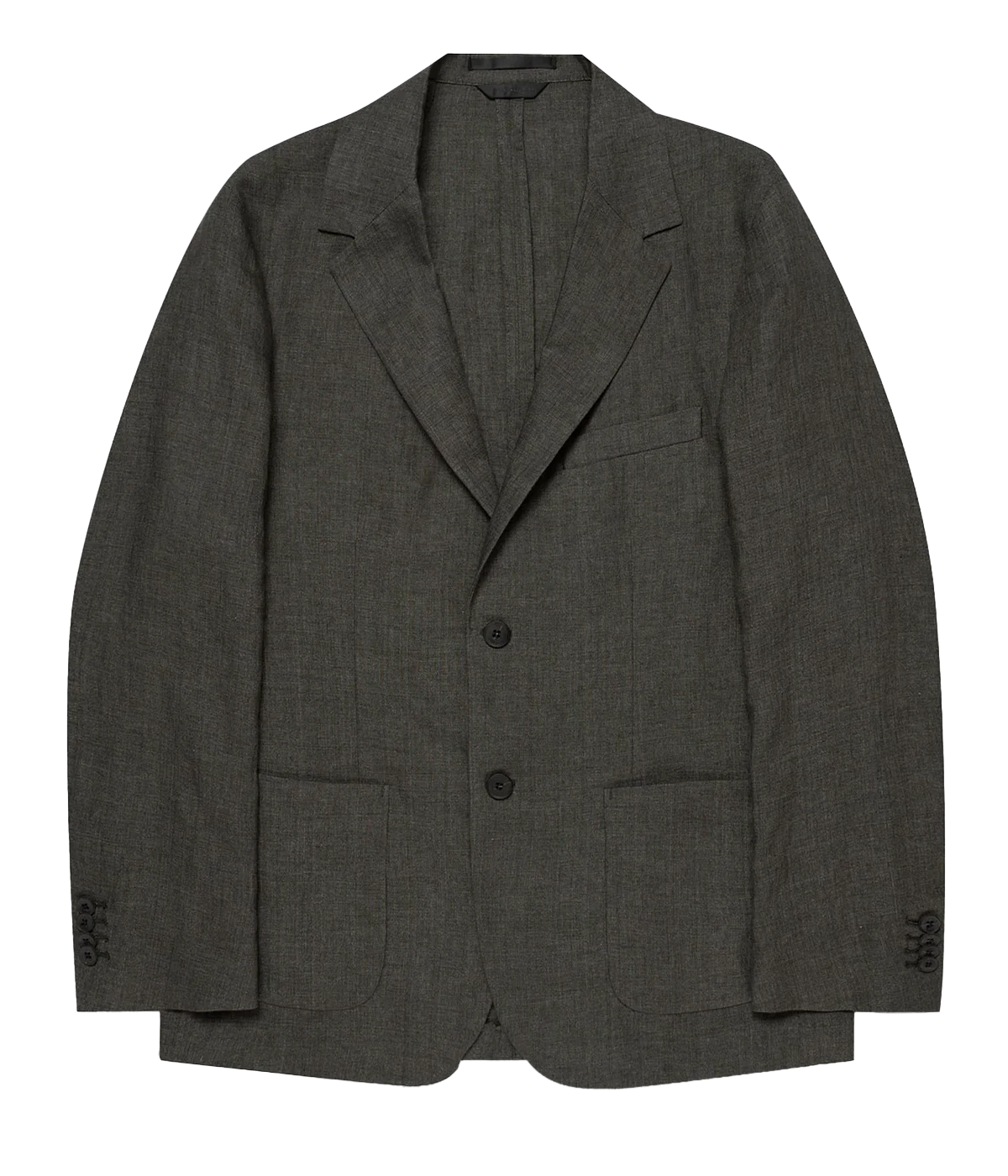 Men’s hunter green unstructured linen blazer with two-button closure, side pockets, and darted tailoring—crafted from lightweight Italian linen for summer sophistication.
