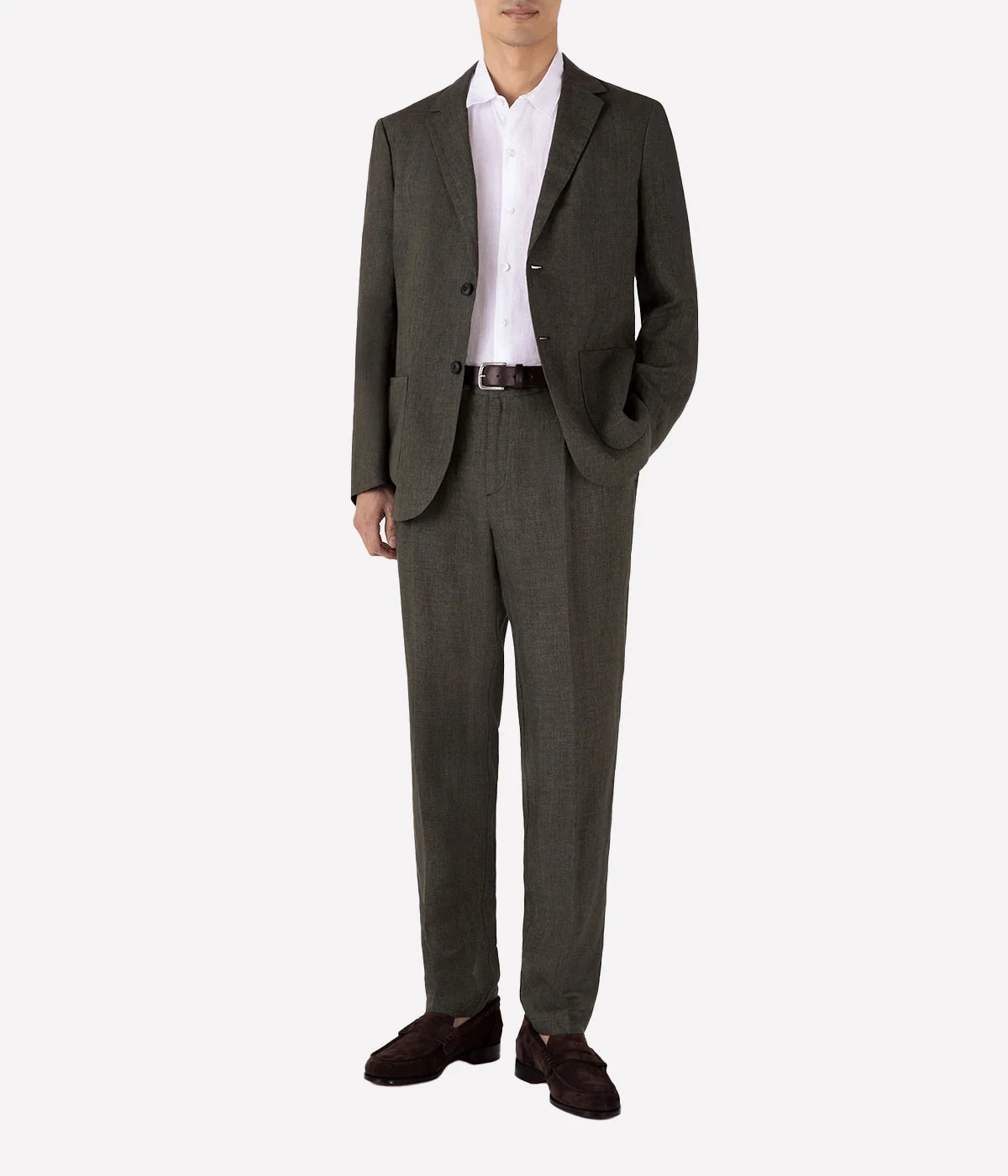 Men’s hunter green unstructured linen blazer with two-button closure, side pockets, and darted tailoring—crafted from lightweight Italian linen for summer sophistication.
