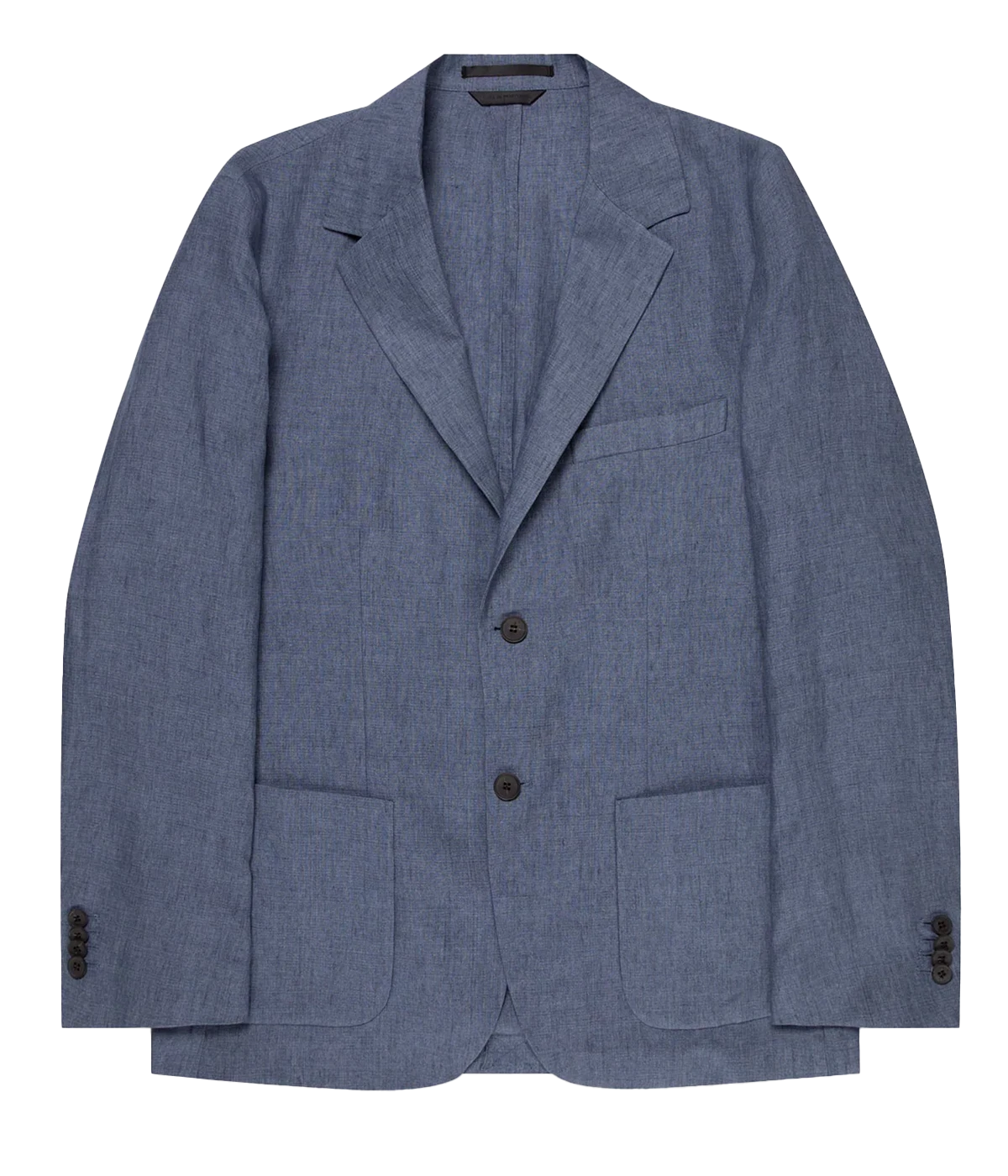 Men’s blue unstructured linen blazer with two-button closure, side pockets, and darted tailoring—crafted from lightweight Italian linen for summer sophistication.