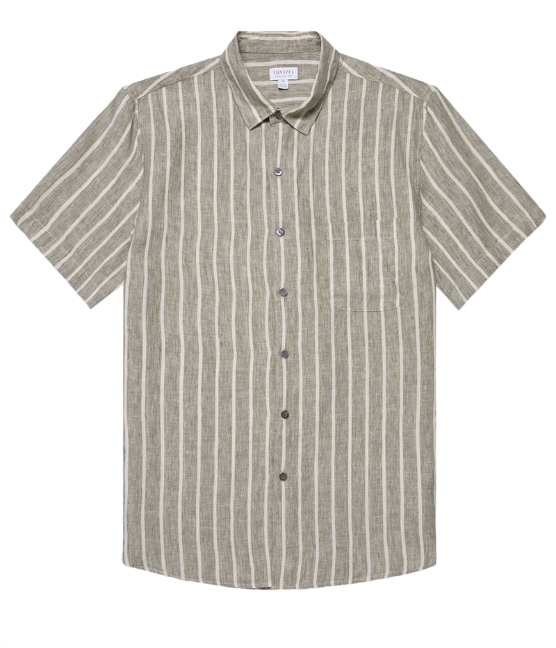Linen SS Shirt in Dusk Green and Ecru Pinstripe