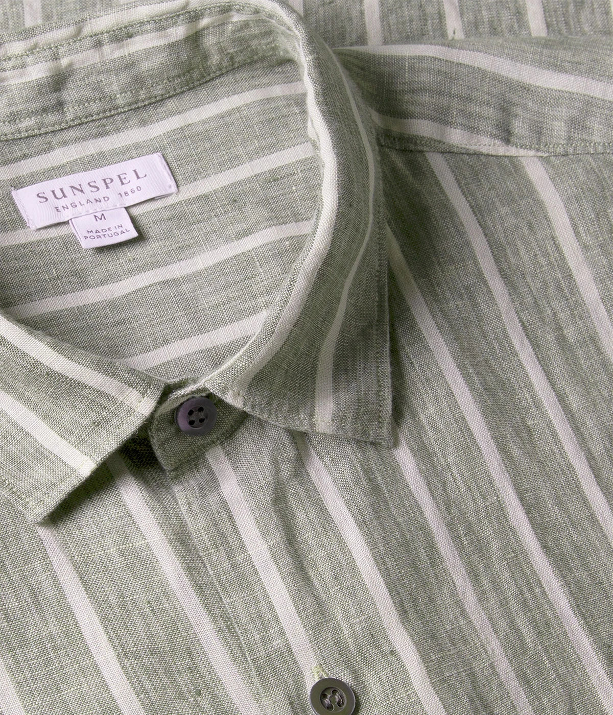 Linen SS Shirt in Dusk Green and Ecru Pinstripe