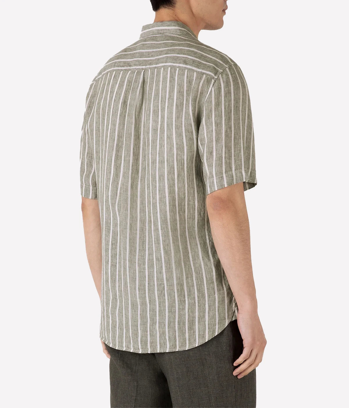 Linen SS Shirt in Dusk Green and Ecru Pinstripe