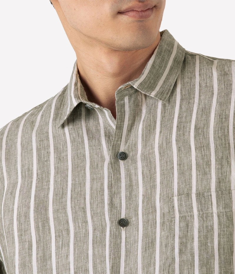 Linen SS Shirt in Dusk Green and Ecru Pinstripe
