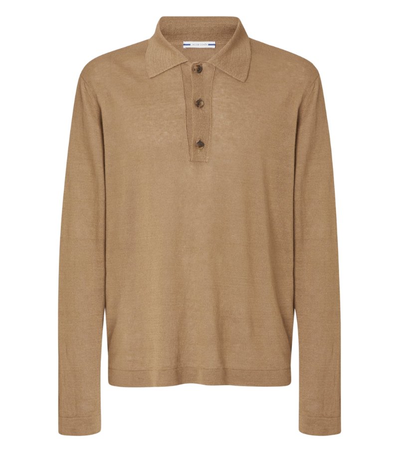 Men’s light camel linen long-sleeve polo shirt by Jacob Cohën featuring real horn buttons and leather logo patch – made in Italy.