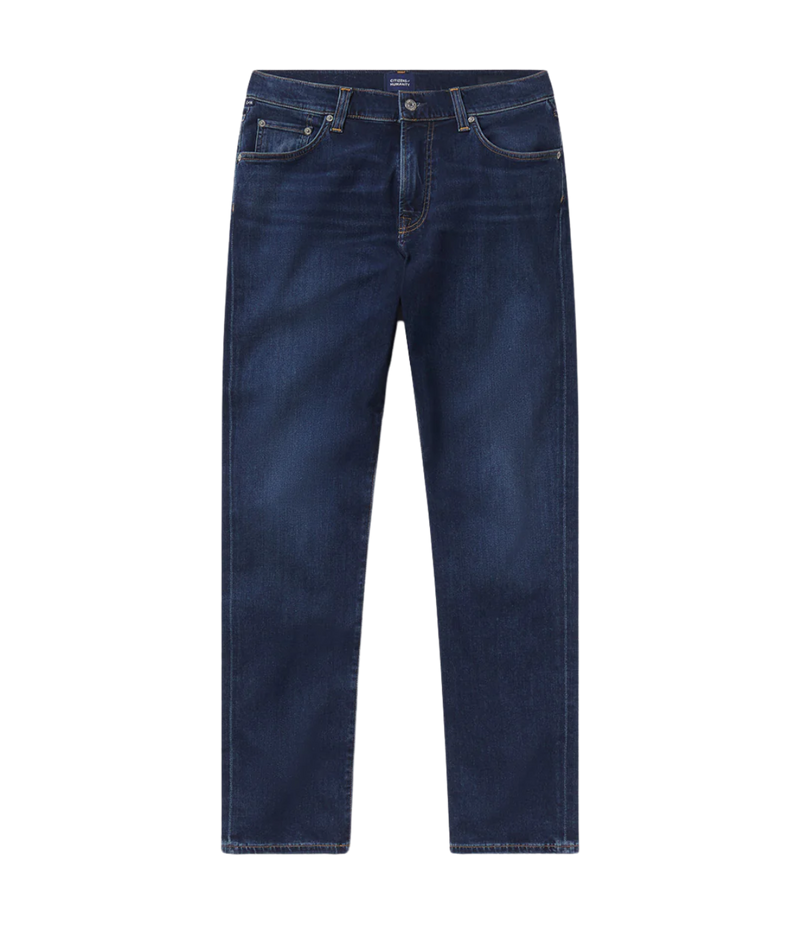 A flat lay of the Citizens of Humanity London Slim Taper jeans, showcasing their clean slim, tapered fit and tonal stitching.