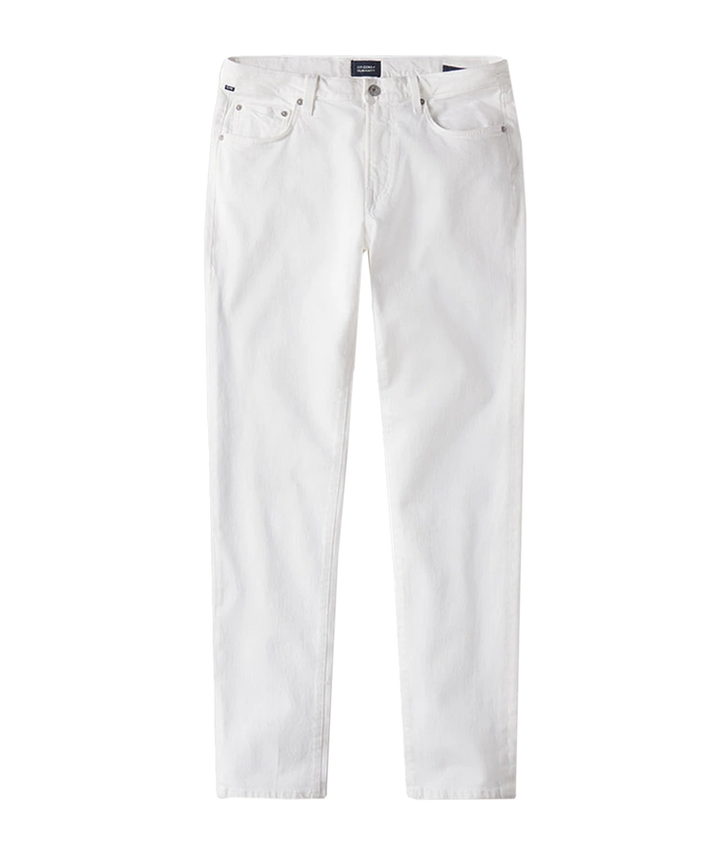 Citizens of Humanity London jeans in a crisp white wash, featuring a slim, tapered fit with a comfortable feel through the hip and thigh. Crafted from a soft organic cotton blend for a sleek yet flexible finish.
