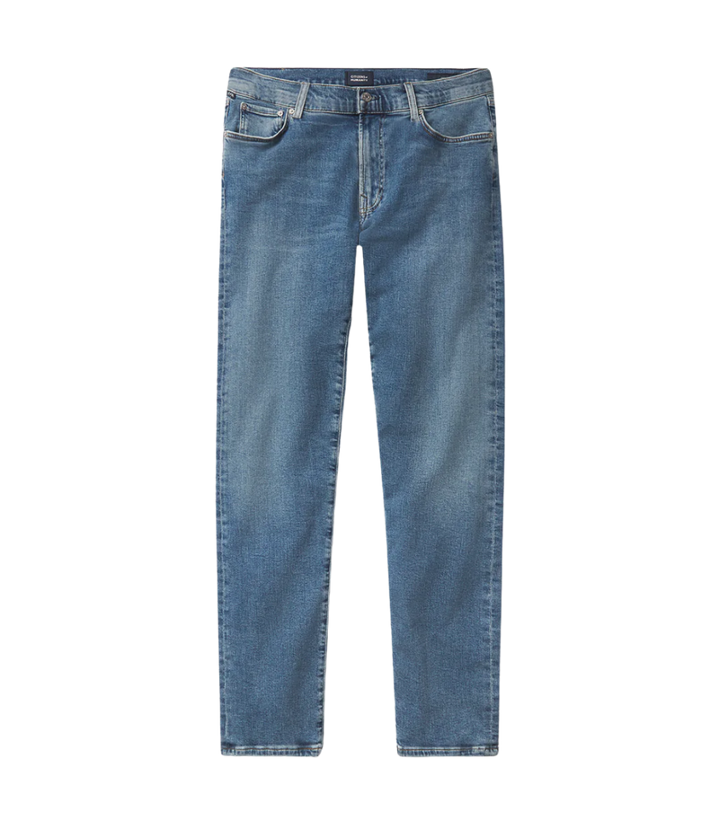 Citizens of Humanity London Jean in Parkland medium indigo wash with subtle fading and whiskering—lightweight stretch denim in a slim tapered fit.