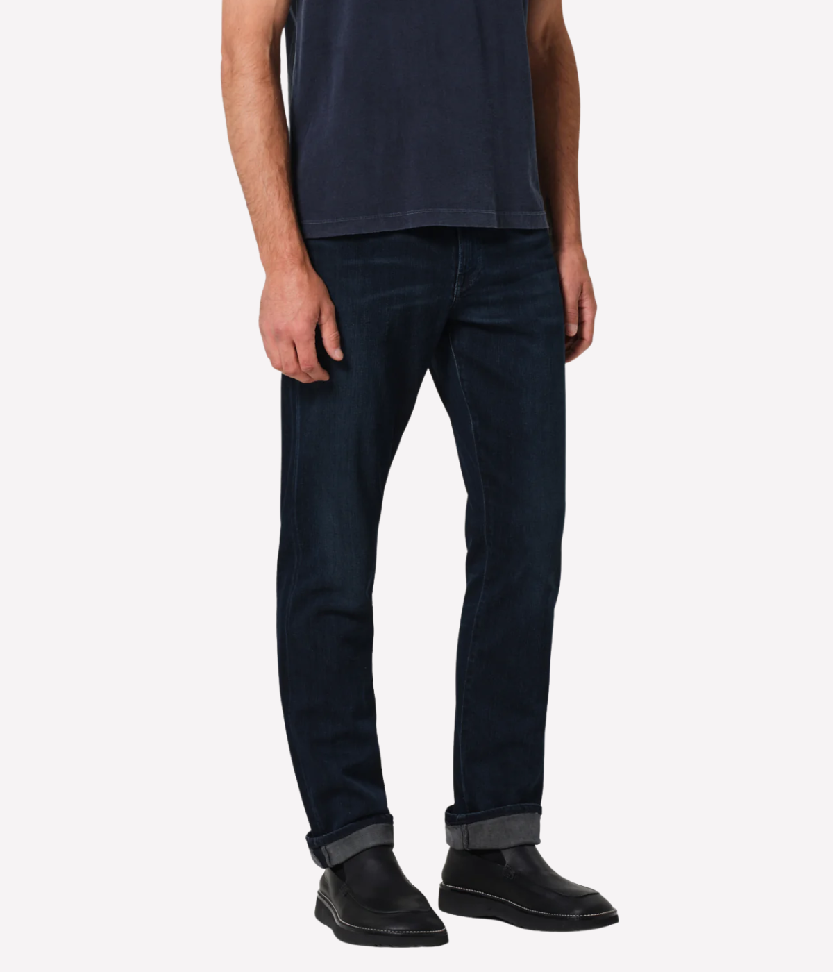 Citizens of Humanity London Jean in dark indigo vintage wash with tonal stitching and light whiskering—lightweight stretch denim in a slim tapered fit.