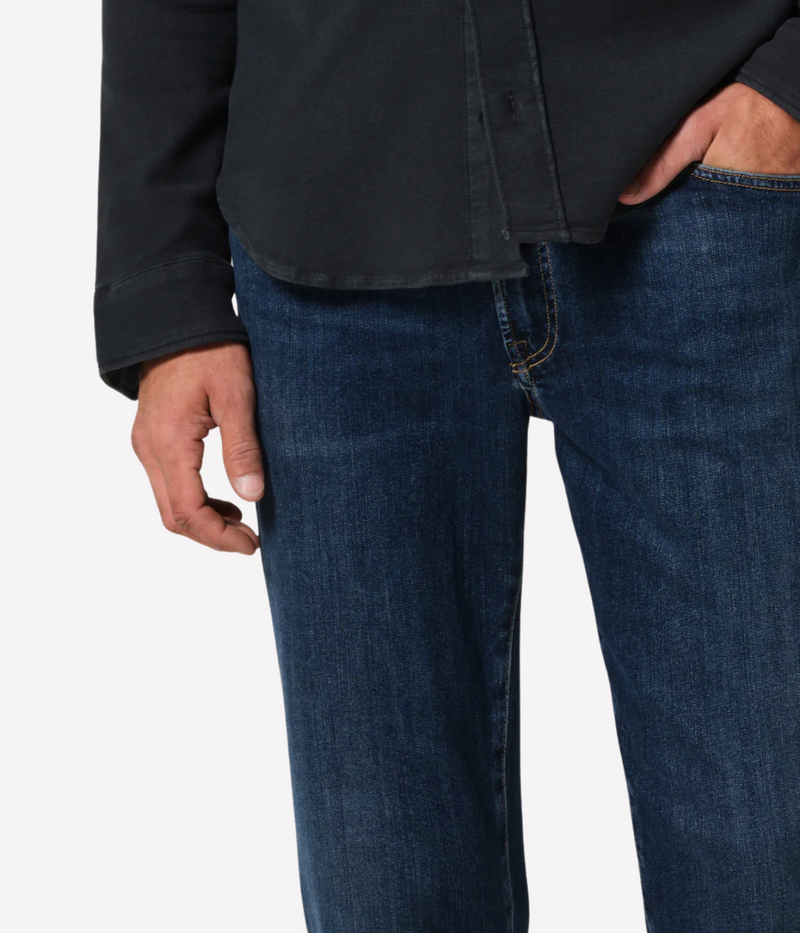 Citizens of Humanity London Jean in darker medium indigo—slim tapered fit with subtle fading, whiskering, and soft stretch midweight denim.