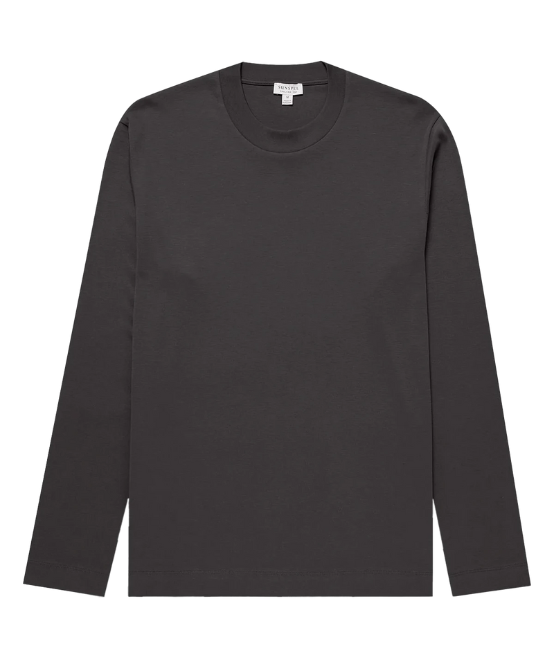 Charcoal long sleeve shirt for men, crafted from carbon-brushed Supima cotton. Ideal winter layering piece with minimalist design, perfect for cold weather styling.
