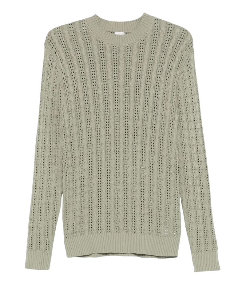 Light green sweater with a textured pattern on a white background