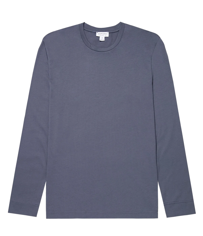 Men’s Slate Blue Long Sleeve Riviera T-Shirt – Luxurious midweight cotton T-shirt in slate blue, inspired by the iconic style worn by James Bond in Casino Royale, perfect for layering or wearing solo in winter.