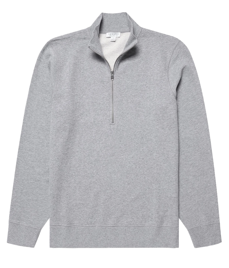 Sunspel half-zip loopback sweatshirt in soft, warm cotton with traditional loop stitch, featuring a relaxed fit and ribbed details, made in Portugal.