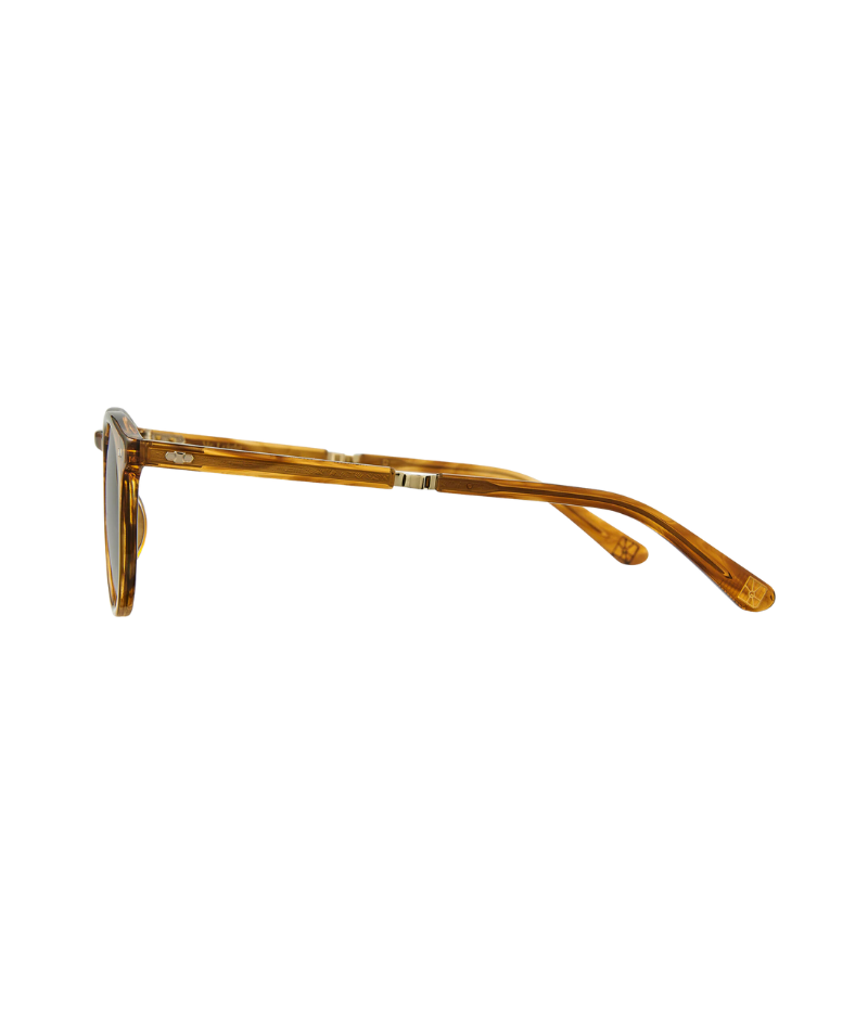 Profile shot of Luckman Sun 47 sunglasses, showing the Geo temple plaque and City Scape filigree detailing on the frame.