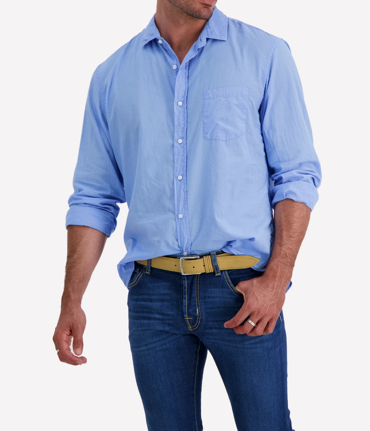A front view of the Luke Woven Button Down Shirt, showcasing its crisp fabric, button-down collar, and tailored fit.
