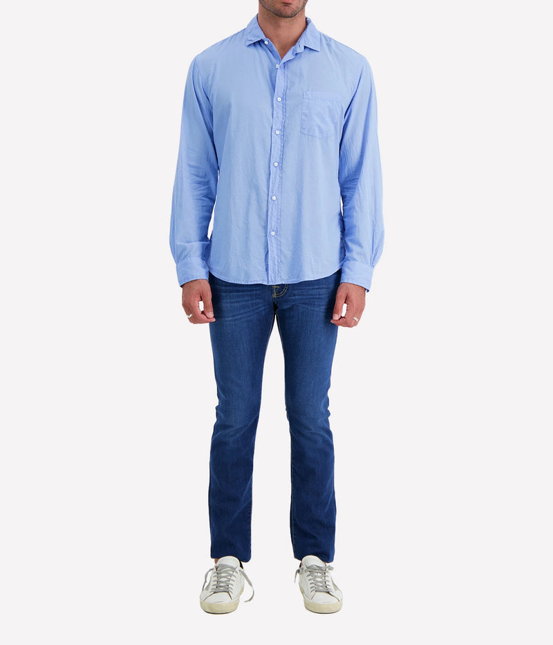 A front view of the Luke Woven Button Down Shirt, showcasing its crisp fabric, button-down collar, and tailored fit.