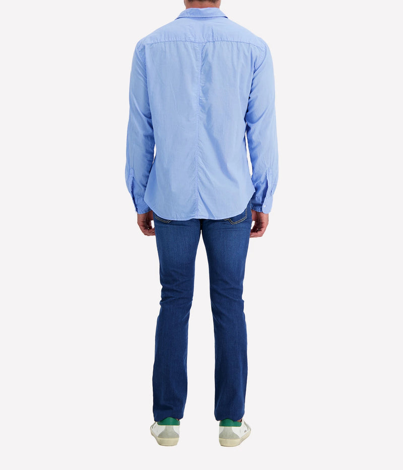 A back view of the Luke Woven Button Down Shirt, featuring its seamless construction and neat yoke detail.