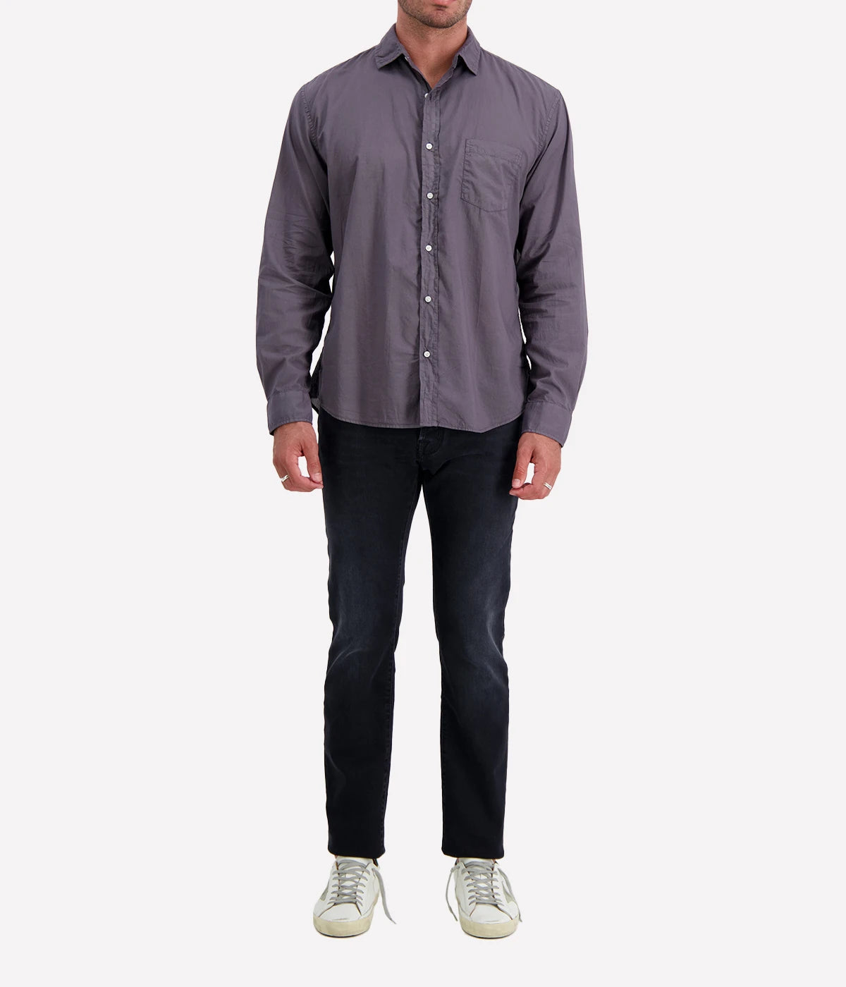 A front view of the Luke Woven Button Down Shirt, showcasing its crisp fabric, button-down collar, and tailored fit.