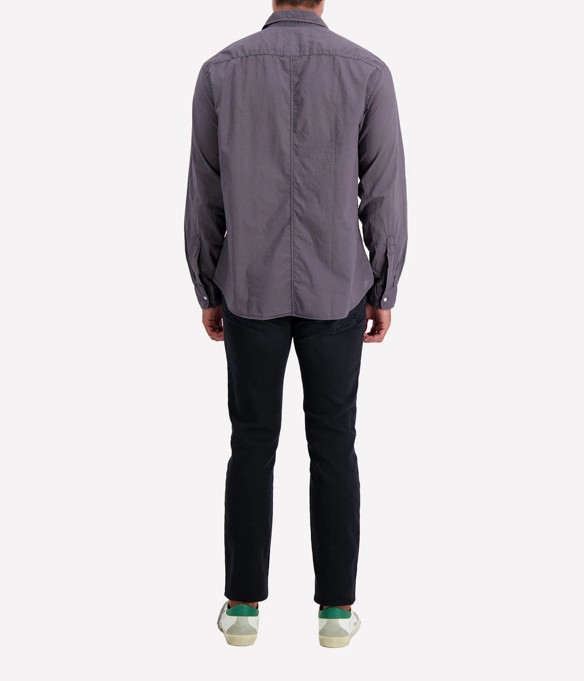 A back view of the Luke Woven Button Down Shirt, featuring its seamless construction and neat yoke detail.