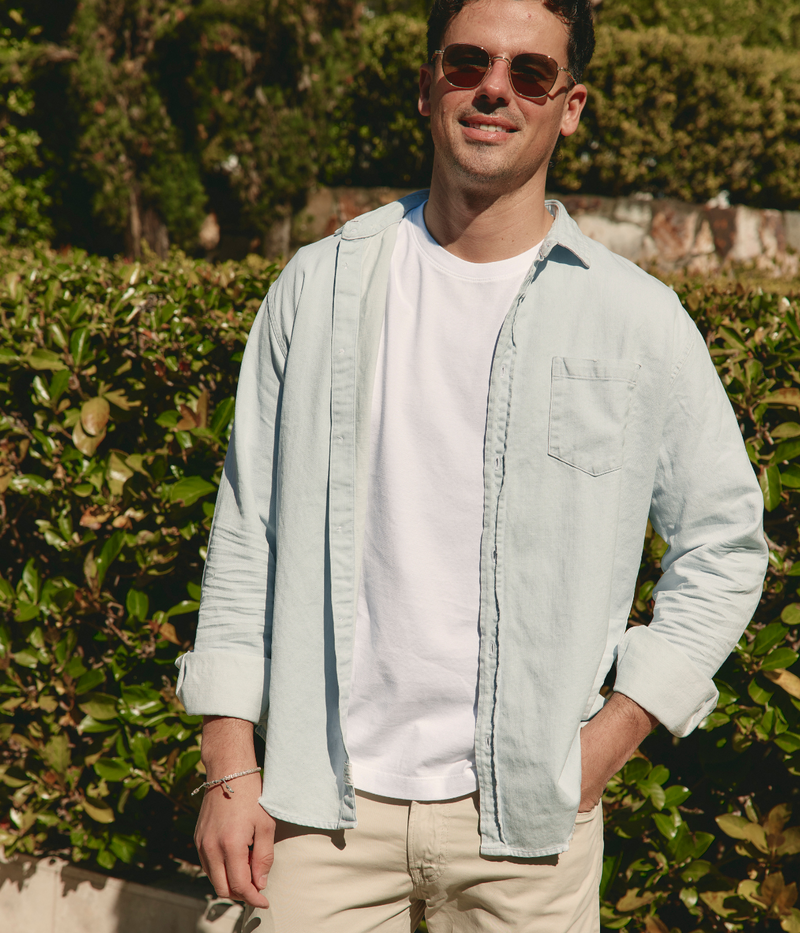 Frank + Eileen Luke Woven Button-Up Shirt in denim blue, made from lightweight 100% cotton for breathable comfort and versatile everyday wear.