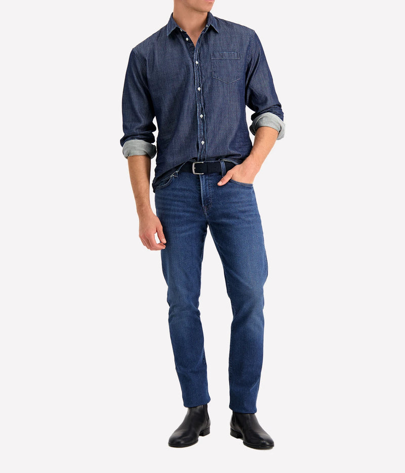 The Luke Woven Button Down Shirt paired with slim trousers and boots, showcasing its effortless sophistication for everyday wear.