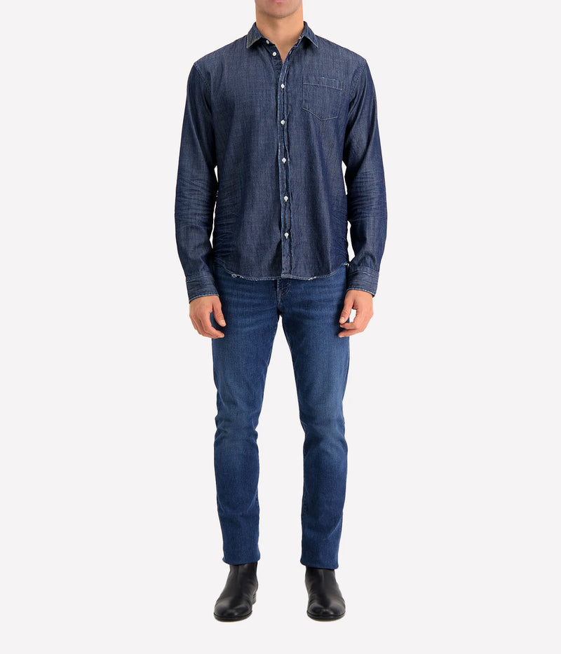 A front view of the Luke Woven Button Down Shirt, showcasing its crisp fabric, button-down collar, and tailored fit.