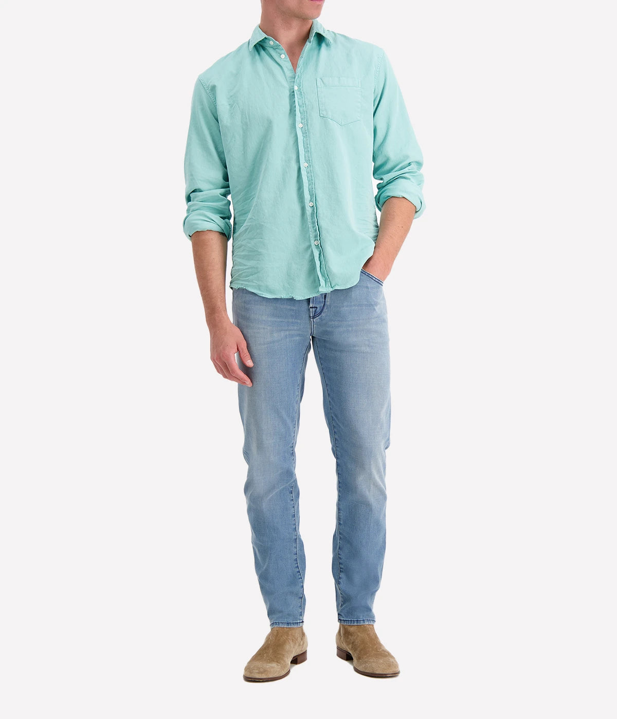 A front view of the Luke Woven Button Down Shirt, showcasing its crisp fabric, button-down collar, and tailored fit.