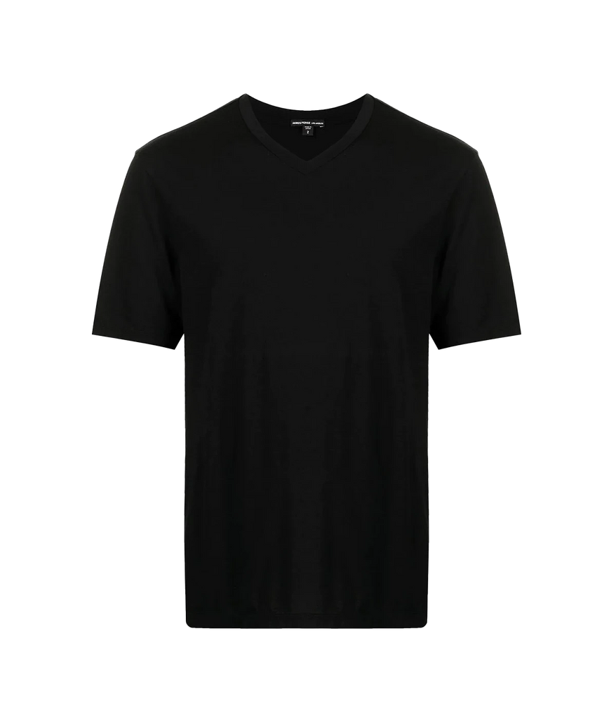 Model wearing a one hundred percent cotton tshirt, made of a luxe fabric. A smooth and clean texture for a satin like feel, this is a luxe top, perfect for everyday wear. Add this black tee V neck tee to your menswear wardrobe.
