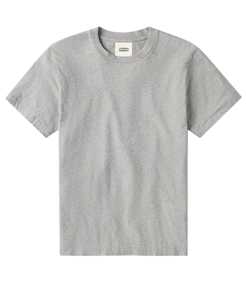 A light grey short-sleeve crewneck t-shirt laid flat against a solid white background.