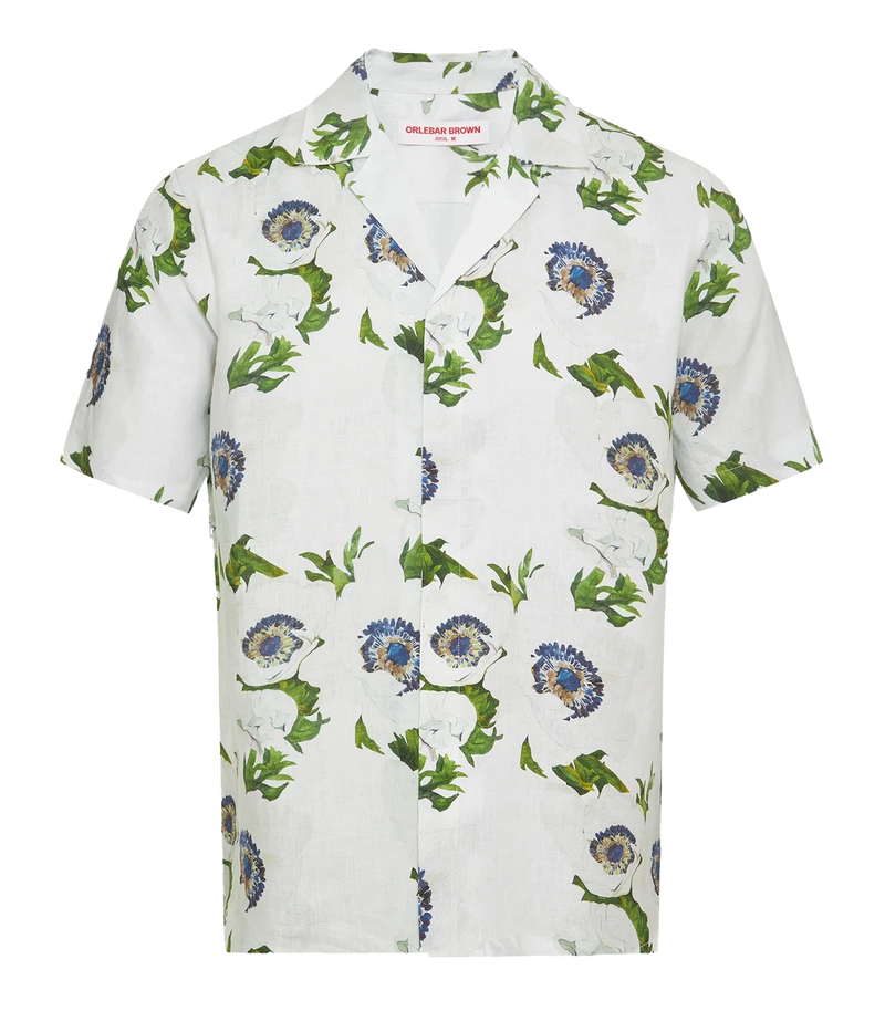 Men’s relaxed short-sleeve linen shirt in bold floral Coronaria print with Capri collar and concealed placket – lightweight summer resortwear