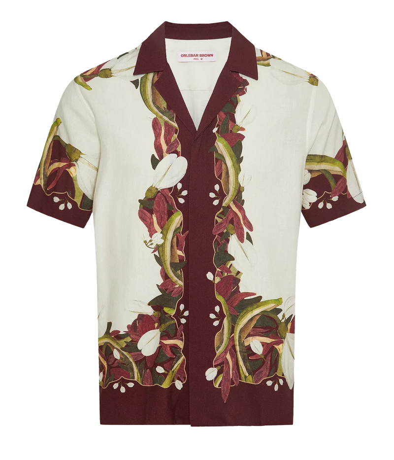 Men’s relaxed short-sleeve linen shirt in Orchis print with Capri collar and concealed placket – lightweight summer shirt featuring exclusive Sarah Graham artwork