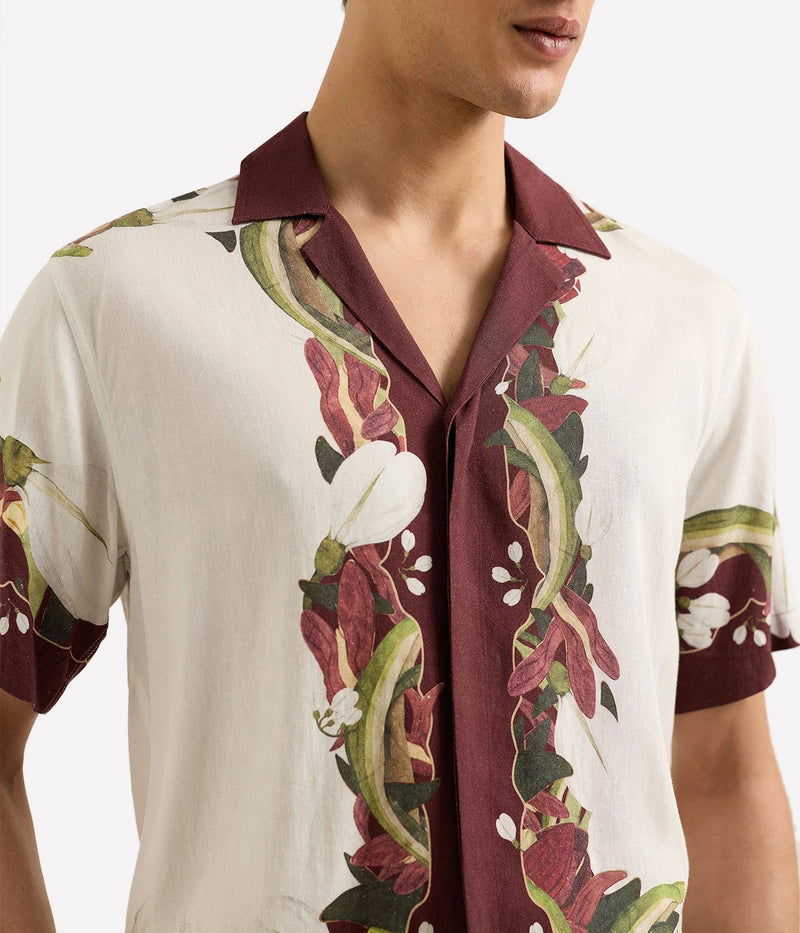 Men’s relaxed short-sleeve linen shirt in Orchis print with Capri collar and concealed placket – lightweight summer shirt featuring exclusive Sarah Graham artwork