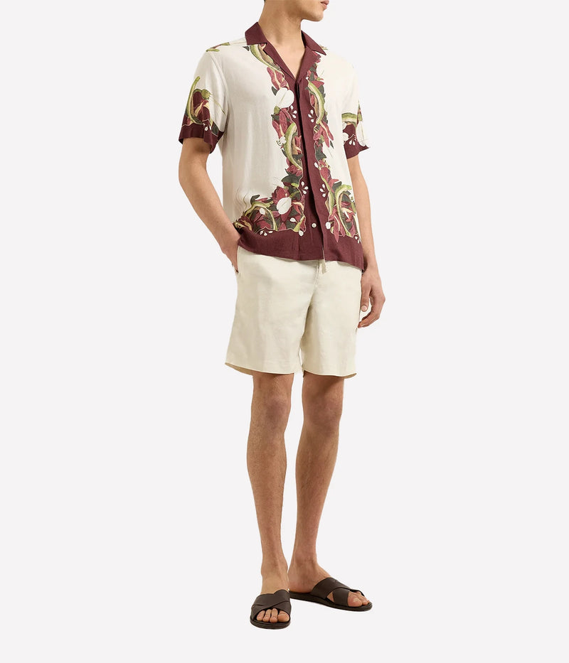 Men’s relaxed short-sleeve linen shirt in Orchis print with Capri collar and concealed placket – lightweight summer shirt featuring exclusive Sarah Graham artwork