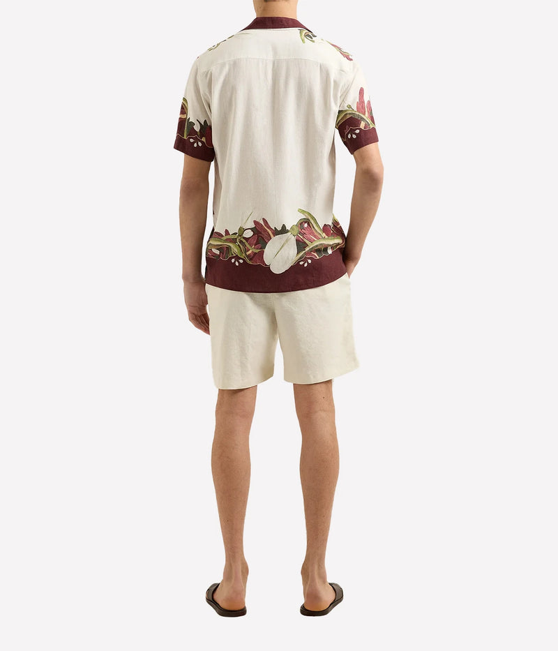 Men’s relaxed short-sleeve linen shirt in Orchis print with Capri collar and concealed placket – lightweight summer shirt featuring exclusive Sarah Graham artwork