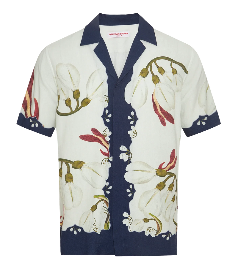 Men’s relaxed short-sleeve linen shirt in Orchis print with Capri collar and concealed placket – lightweight summer shirt featuring exclusive Sarah Graham artwork