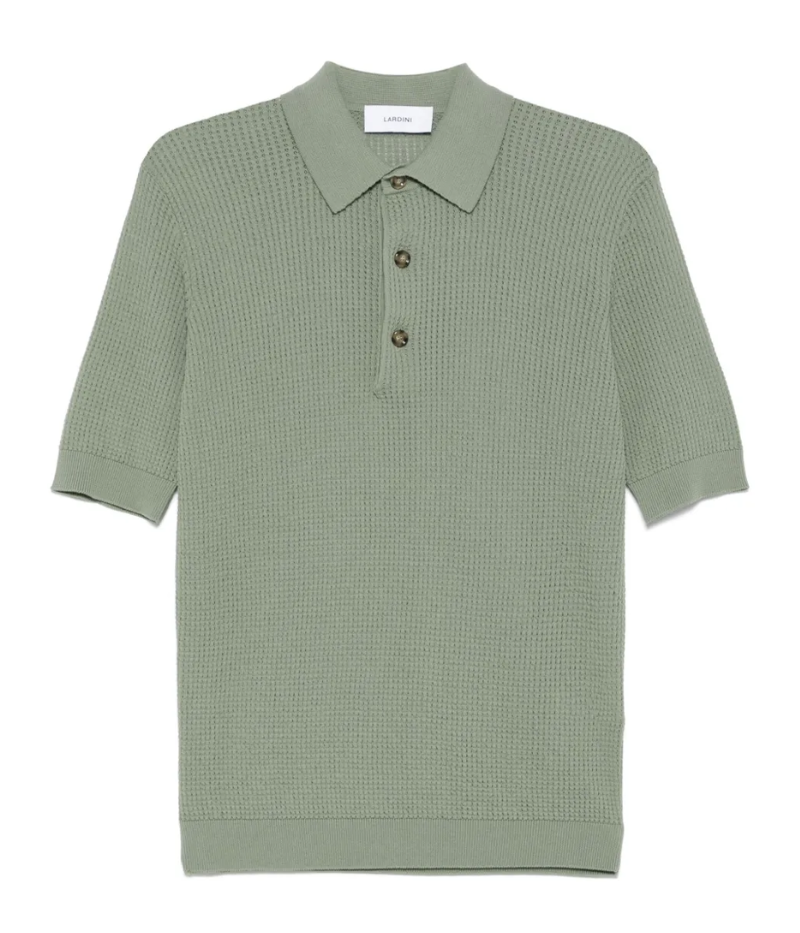 Lardini Moss green waffle-knit short-sleeve polo shirt with buttoned collar and ribbed cuffs and hem, made from 100% cotton.