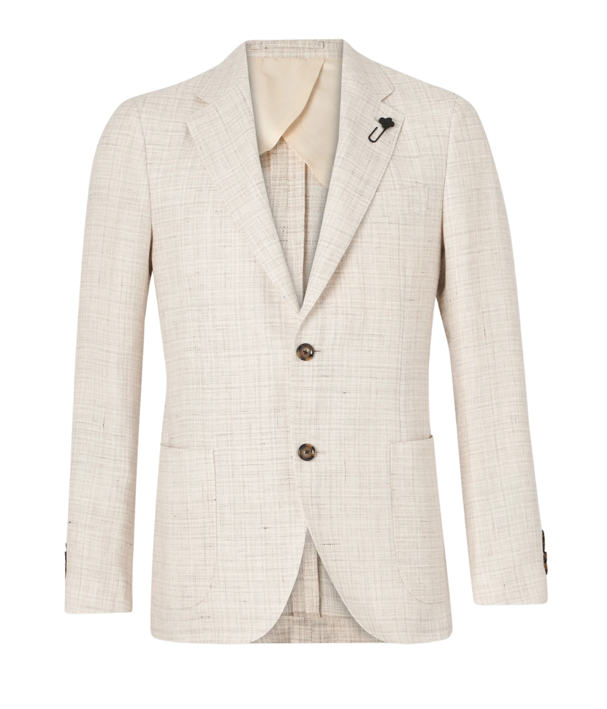 A white/cream Lardini jacket crafted from a blend of 60% linen and 40% virgin wool. The single-breasted design features a classic lapel and is finished with the signature Lardini boutonnière. Tailored fit for a sharp, refined silhouette.