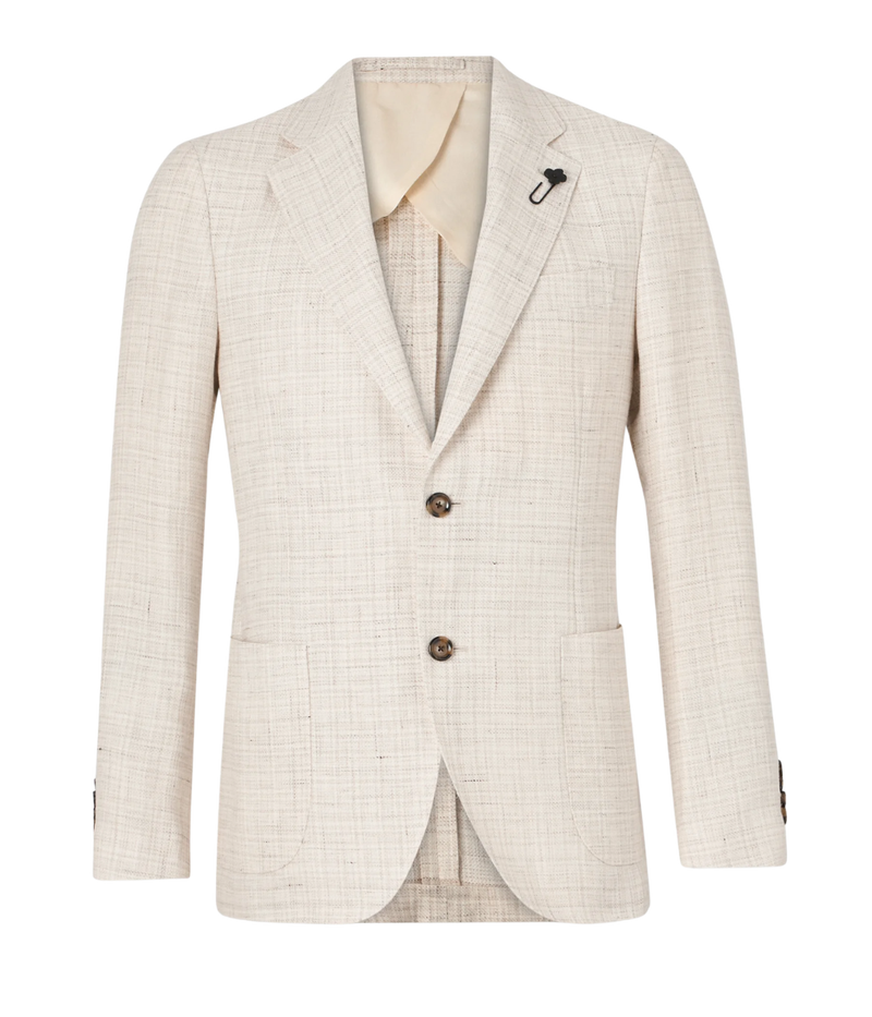 A white/cream Lardini jacket crafted from a blend of 60% linen and 40% virgin wool. The single-breasted design features a classic lapel and is finished with the signature Lardini boutonnière. Tailored fit for a sharp, refined silhouette.