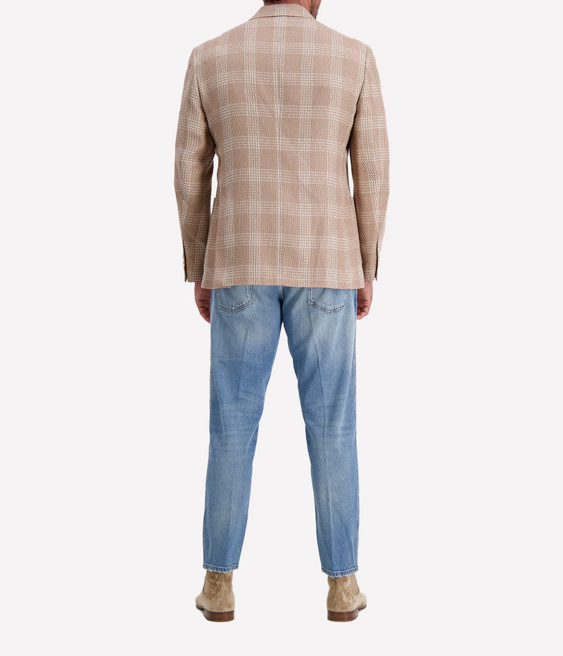 Beige and cream checked Lardini blazer made from a cotton and linen blend, featuring a single-breasted design, signature lapel flower, and a lightweight, half-lined interior.