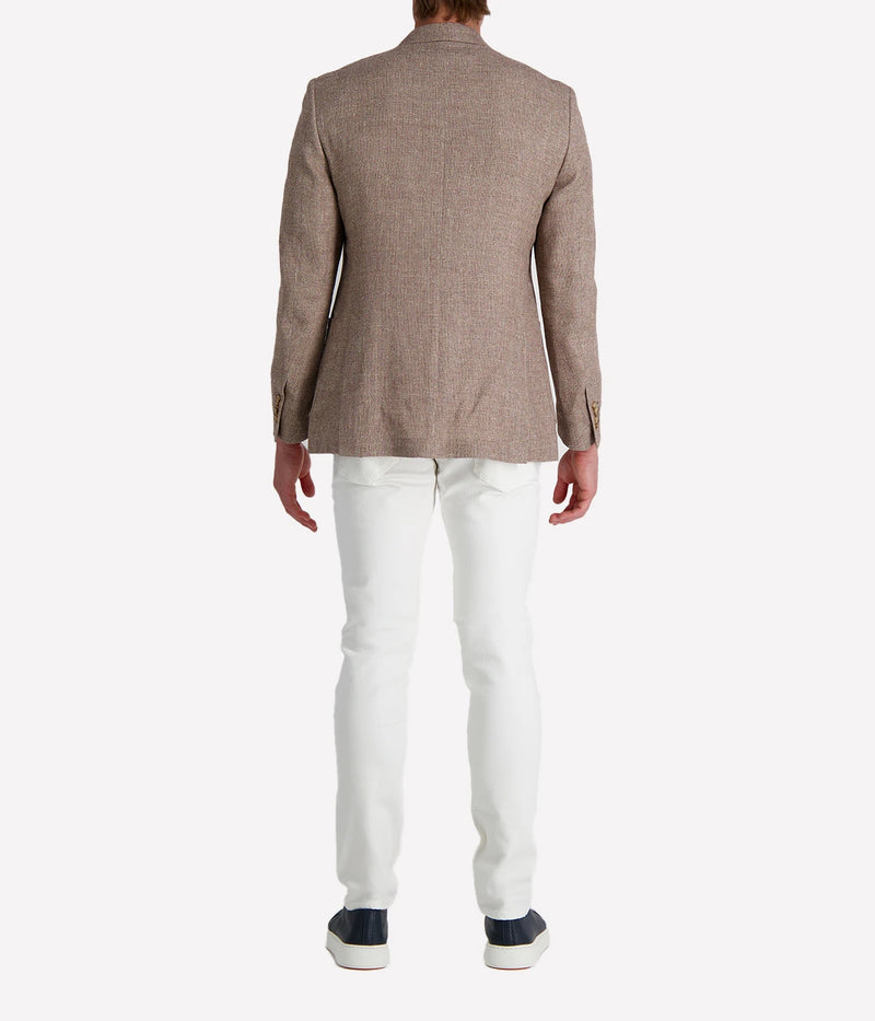 Lardini men's light brown textured blazer styled with white jeans and a white tee; features soft tailoring, notch lapel, and signature flower pin—ideal for smart casual looks.