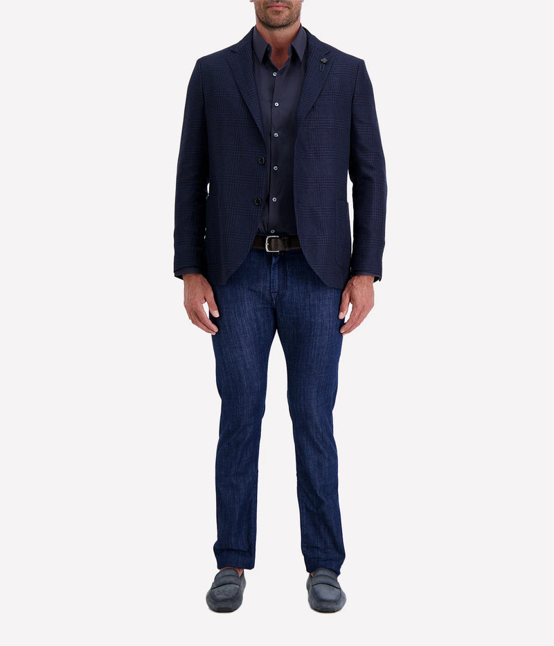 Navy checked Lardini blazer crafted from a cotton and flax blend, featuring a single-breasted design, subtle check pattern, signature lapel flower, and lightweight half-lined interior.