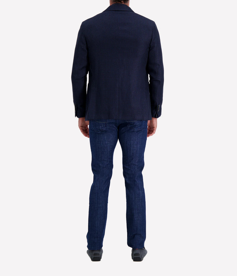 Navy checked Lardini blazer crafted from a cotton and flax blend, featuring a single-breasted design, subtle check pattern, signature lapel flower, and lightweight half-lined interior.