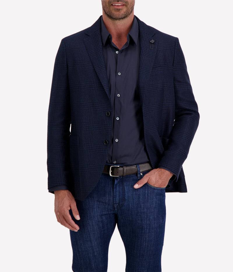 Navy checked Lardini blazer crafted from a cotton and flax blend, featuring a single-breasted design, subtle check pattern, signature lapel flower, and lightweight half-lined interior.